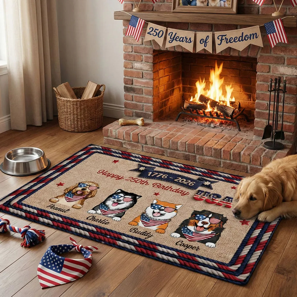 Personalized USA 250th Birthday Dog Standard Doormat for Entryway - Custom Pet Gift Idea with Patriotic Style