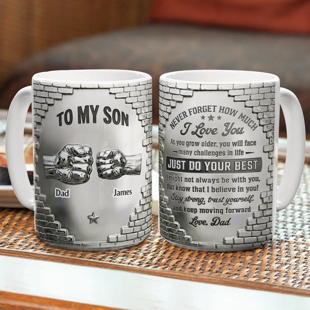 Personalized White Ceramic Mug With Fist Bump Design, To My Son Encouragement Message, Unique Gift From Dad