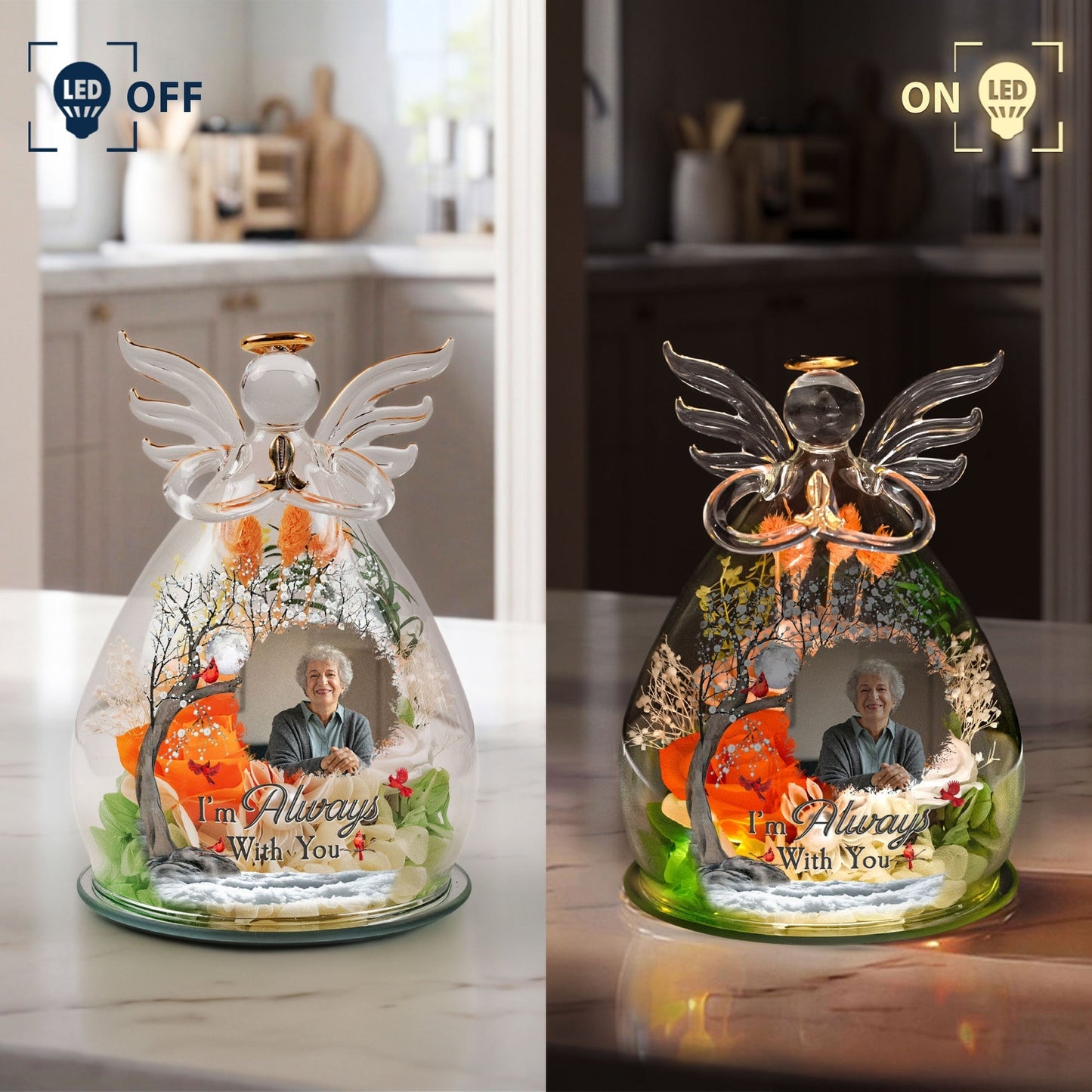 Personalized LED Floral Angel Figurine With Photo, 'I'm Always With You' Keepsake, Unique Memorial Gift