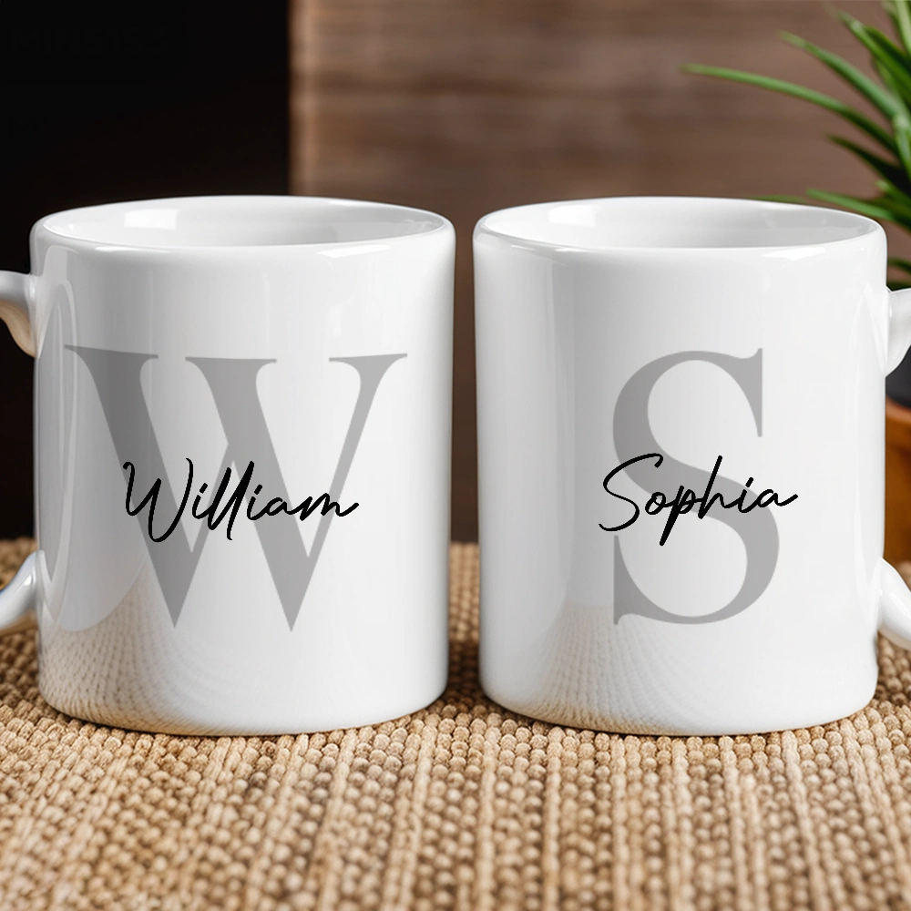 Custom Name Initial Ceramic Mug, Clean Modern Monogram Style for Morning Coffee, Thoughtful Unique Gift for Someone Special