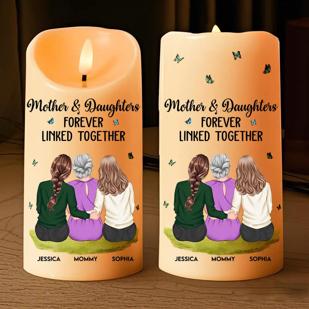 Flameless LED Candle – Mother & Daughter Back‑Hug Art, “Forever Linked Together” Personalized Light