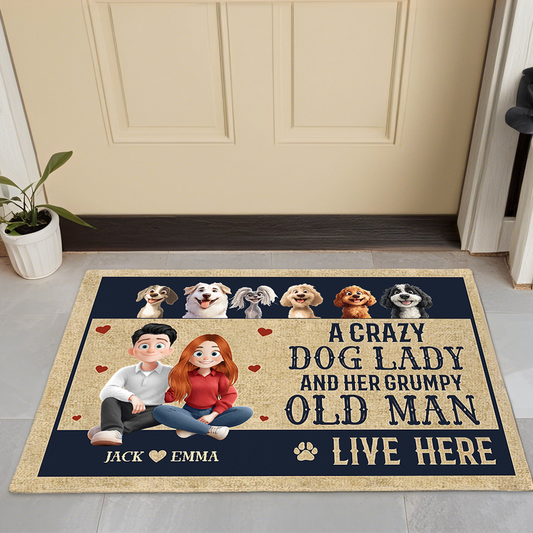 Custom Dog Lover Doormat – ‘A Crazy Dog Lady & Her Grumpy Old Man Live Here’ – Personalized Home Entry Mat
