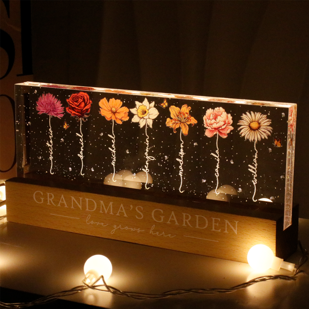 Personalized LED Plaque with Grandkids' Names & Birth Month Flowers
