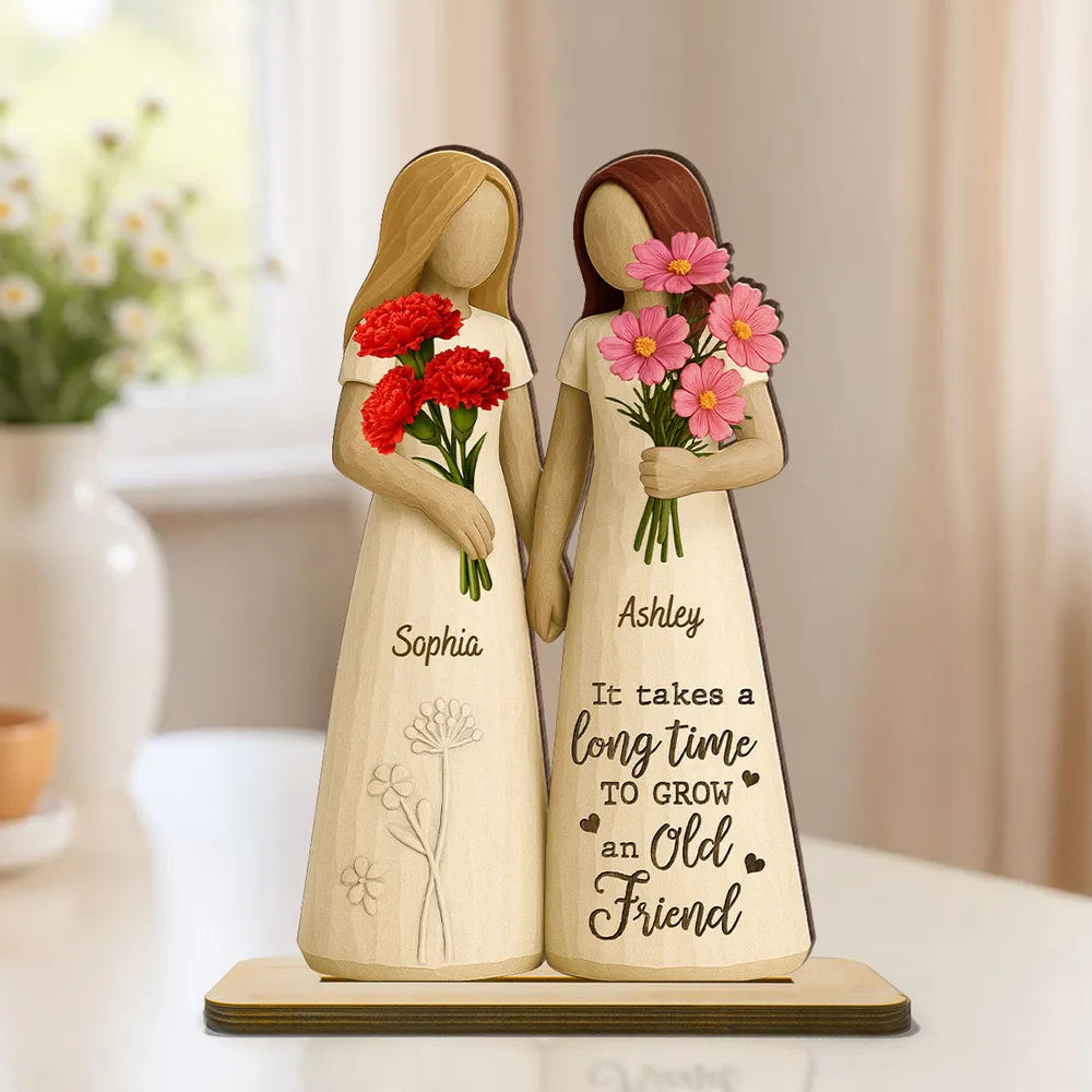 Wooden Plaque for Best Friends – Hand-in-Hand figurine with flowers, cozy mantel décor and heartwarming keepsake, perfect gift to celebrate lifelong friendship