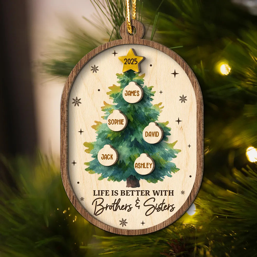 Personalized 2-Layer Wooden Ornament for Siblings Christmas Tree Decor, Custom Family Names Keepsake Gift