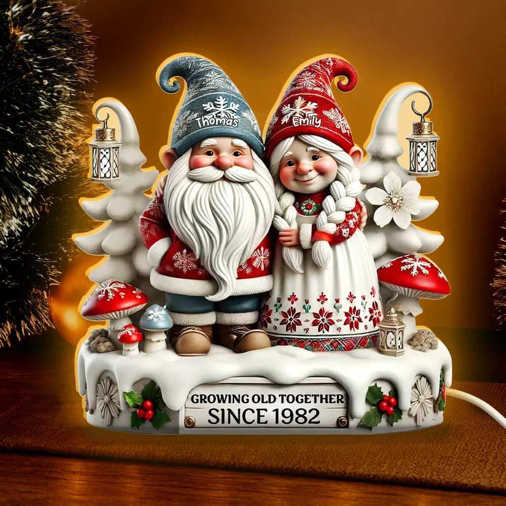 Acrylic Light Box with Christmas Gnome Couple Festive Illuminated Décor Growing Old Together Perfect Gift