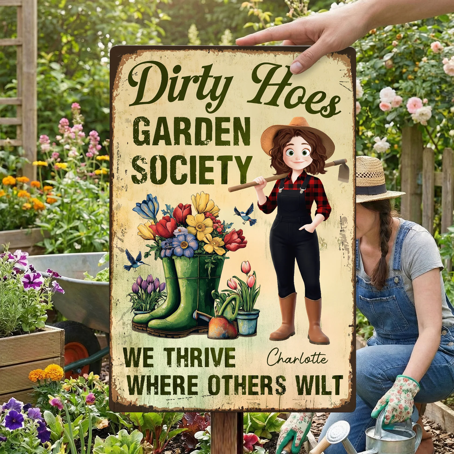 Personalized Rectangular Iron Sign Dirty Hoes Garden Society Funny Vintage Garden Decor, Unique Gift for Plant Lovers