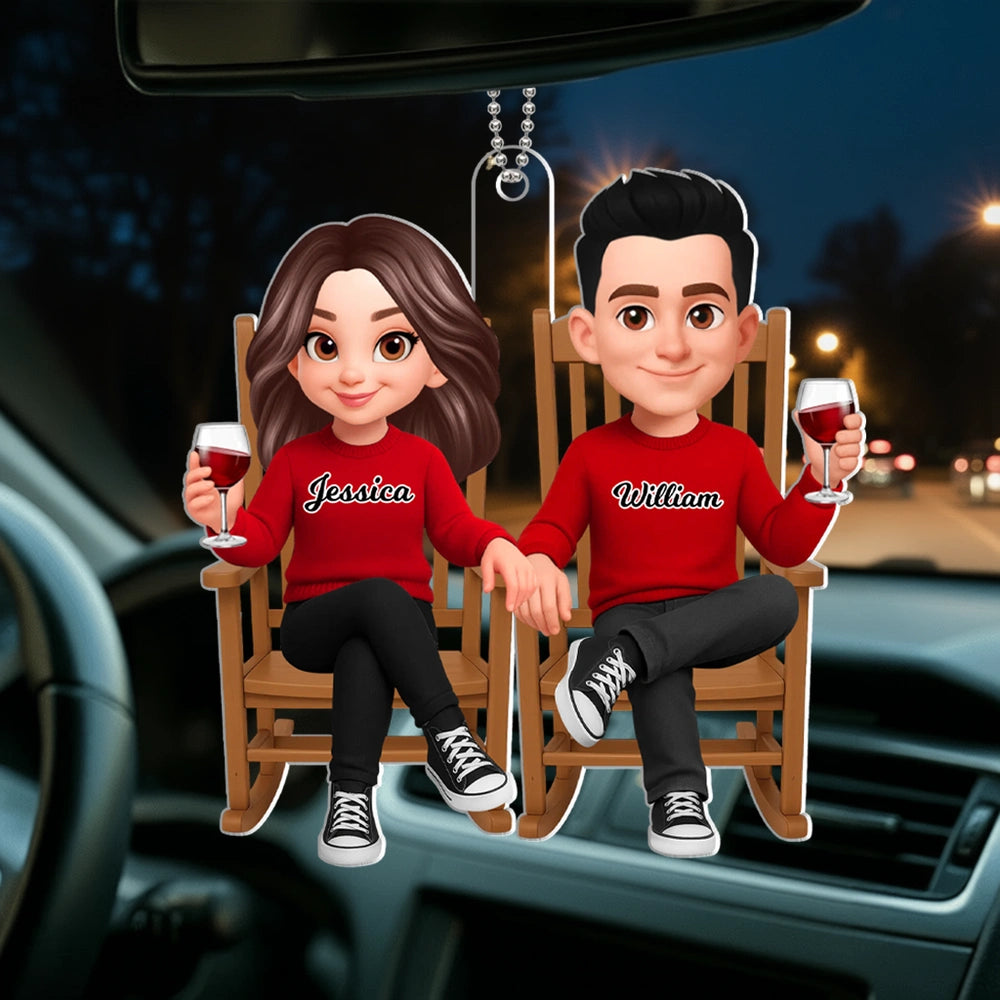 Personalized Acrylic Car Hanger Cute Cartoon Couple Toasting Wine Rearview Mirror Decor Unique Gift for Couples