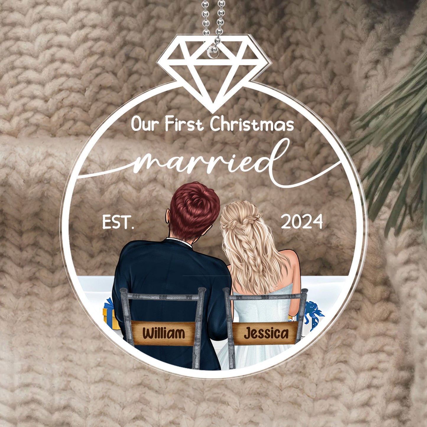 Our First Christmas Married Ornament – Personalized Acrylic Ornament with Romantic Couple Back Design