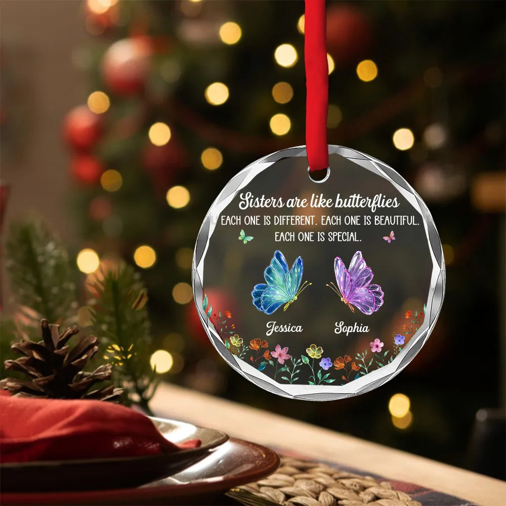 Sisters Are Like Butterflies Crystal Ornament, Personalized, Butterfly & Floral, Christmas Tree decor, unique gift for Sister