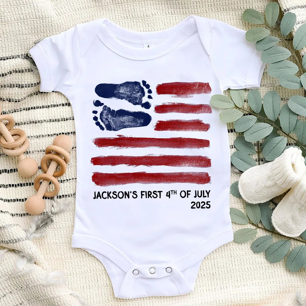 Short Sleeve Baby Onesie with Baby Footprints American Flag - Personalized Keepsake Outfit, Sweet Gift for New Parents