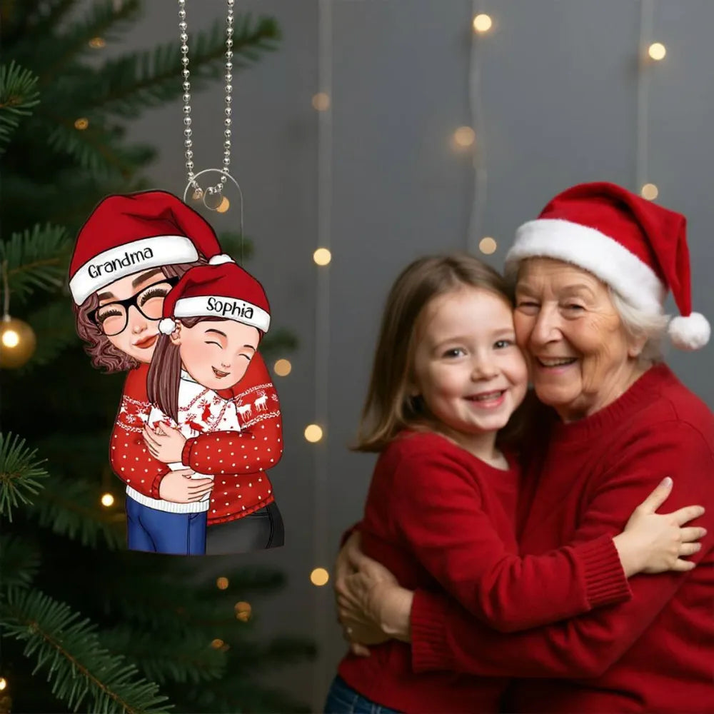 Acrylic Ornament with Grandma & Granddaughter Hug Design, Christmas Sweater Style, Clear Print, Perfect Holiday Gift