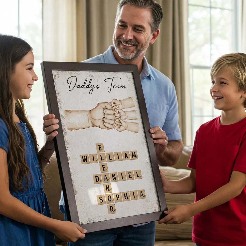 Daddy's Team Poster with Fist Bump Crossword Design, Heartwarming Family Scene, Perfect Gift for Dad