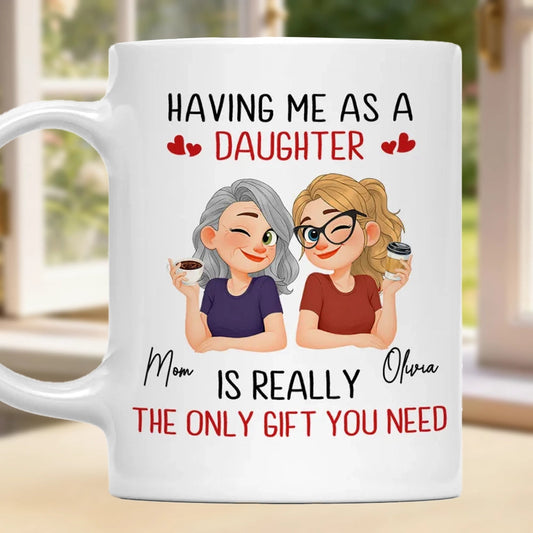 Personalized Mother Daughter Coffee Ceramic Mug, Cute Winking Cartoon Design, Unique Gift For Mom From Daughter
