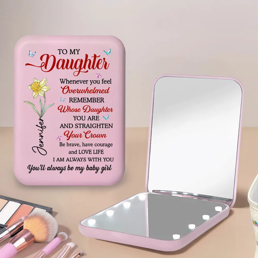 Personalized Be Brave LED Pocket Mirror, Encouraging Quote for Daughter, Purple Floral Butterflies, Unique Gift