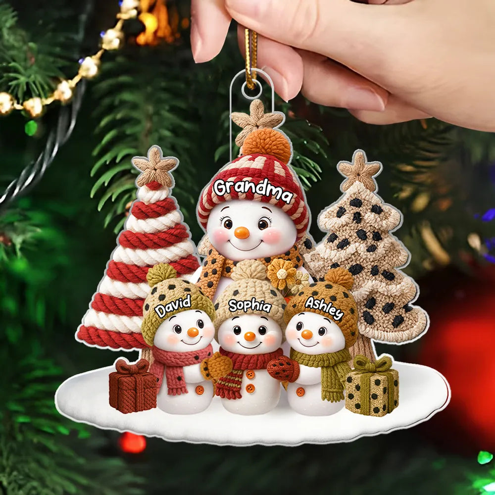 Acrylic Ornament Snowman Grandma & Grandkids, Embroidered-Effect Christmas Tree Decor, Unique Gift for Grandma