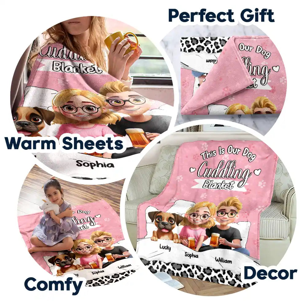 Our Dog Cuddling Fleece Blanket – Personalized Family & Dogs Bedtime Scene, Warm Lightweight Throw, Creative Gift for Pet Parents