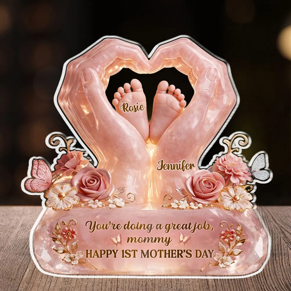 Personalized Shaped Acrylic Block Plaque for Mom, Baby Feet in Heart Hands, Mother's Day Keepsake, Unique Gift