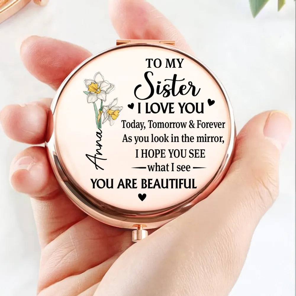 Personalized Metal Compact Mirror Sister Quote with Purple Flowers, Unique Everyday Purse Gift That Feels Heartwarming