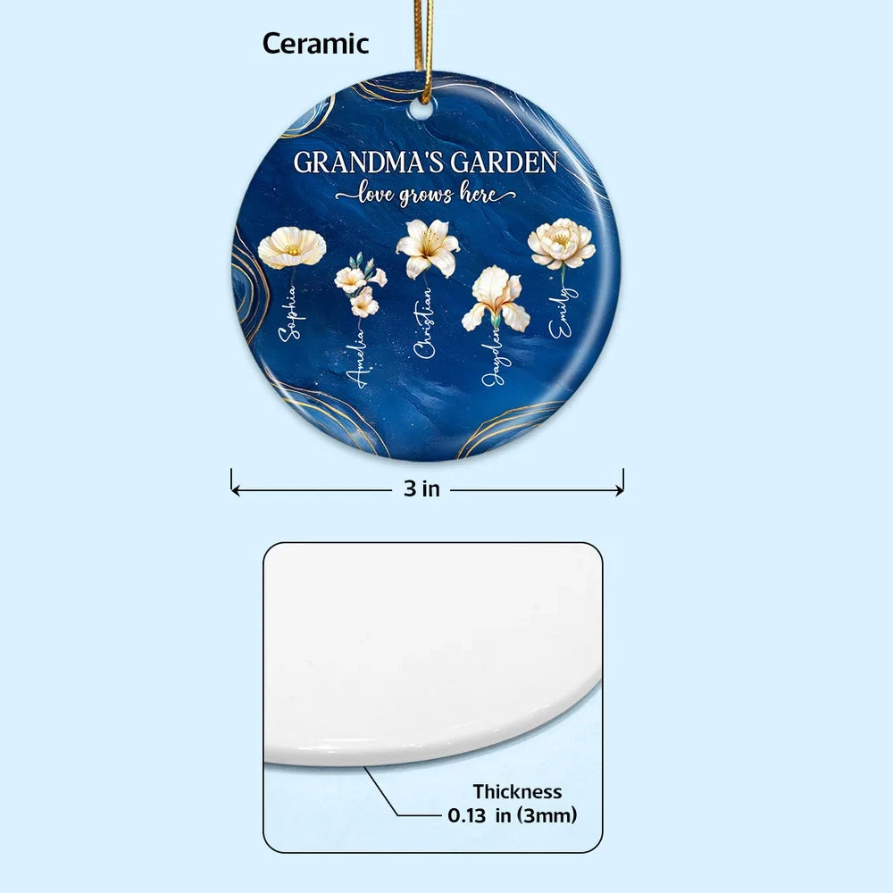 Grandma's Garden Ceramic Ornament, Birth Month Flowers, love grows here - unique gift for Grandma's Christmas tree