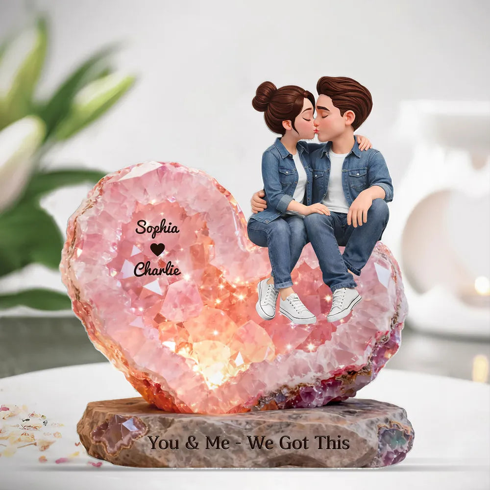Personalized Shaped Acrylic Block Plaque, Kissing Couple Rose Quartz Heart Decor, You & Me We Got This Unique Gift