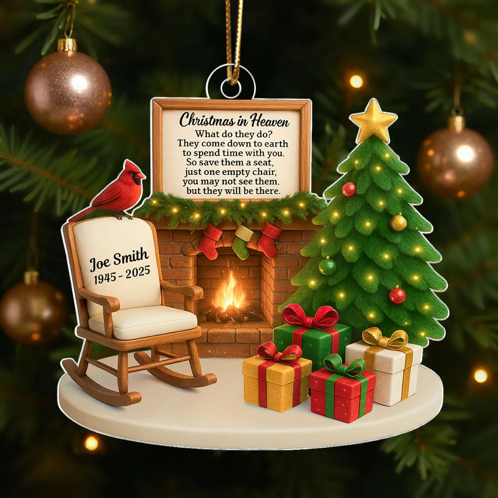 Memorial Acrylic Ornament featuring Christmas tree & fireplace, comforting remembrance décor, thoughtful gift for loved ones