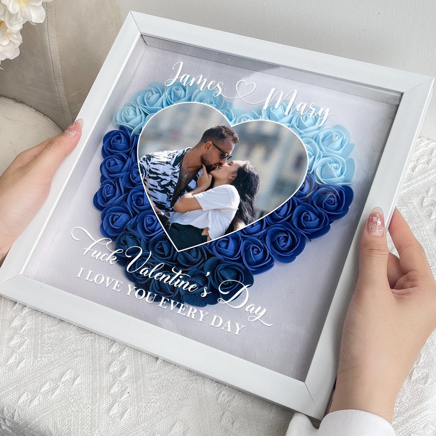 Personalized Flower Shadow Box with Heart Photo for Kissing Couple Romantic Home Display Unique Gift for Wife or Husband