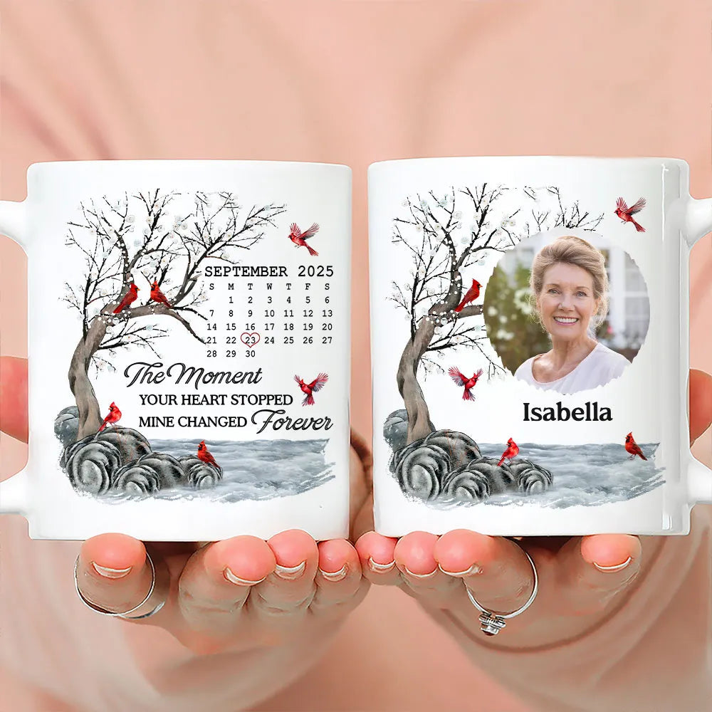 Custom Memorial White Ceramic Mug with Photo & Cardinals – Personalized Remembrance Keepsake, Comforting Unique Gift