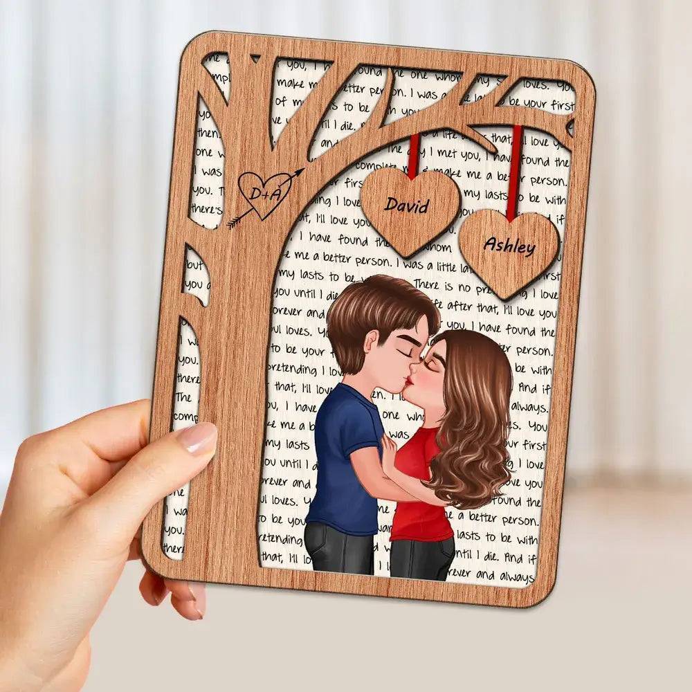Love's Silhouette - Engraved Kiss Under the Tree Plaque with Alphabet Backdrop - Personalized Romantic Wooden Art