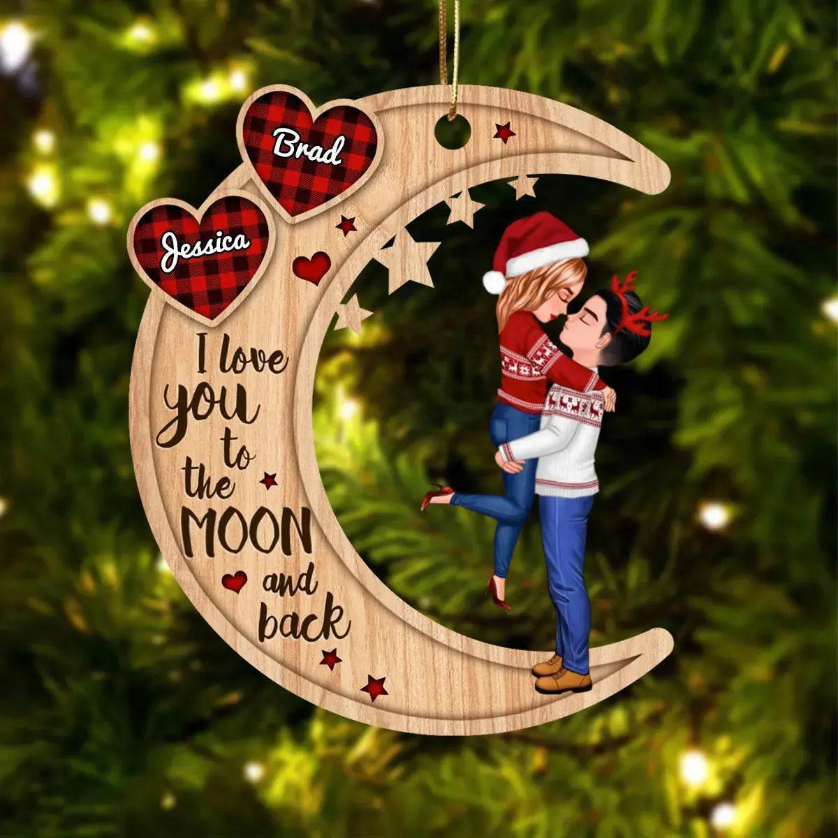 Couple Hugging On Heart Pattern Moon - Personalized Wooden Ornament - Gift For Firefighter,Police,Nurse,Chef,Teacher,Flight,Military,Animal Control,Worker