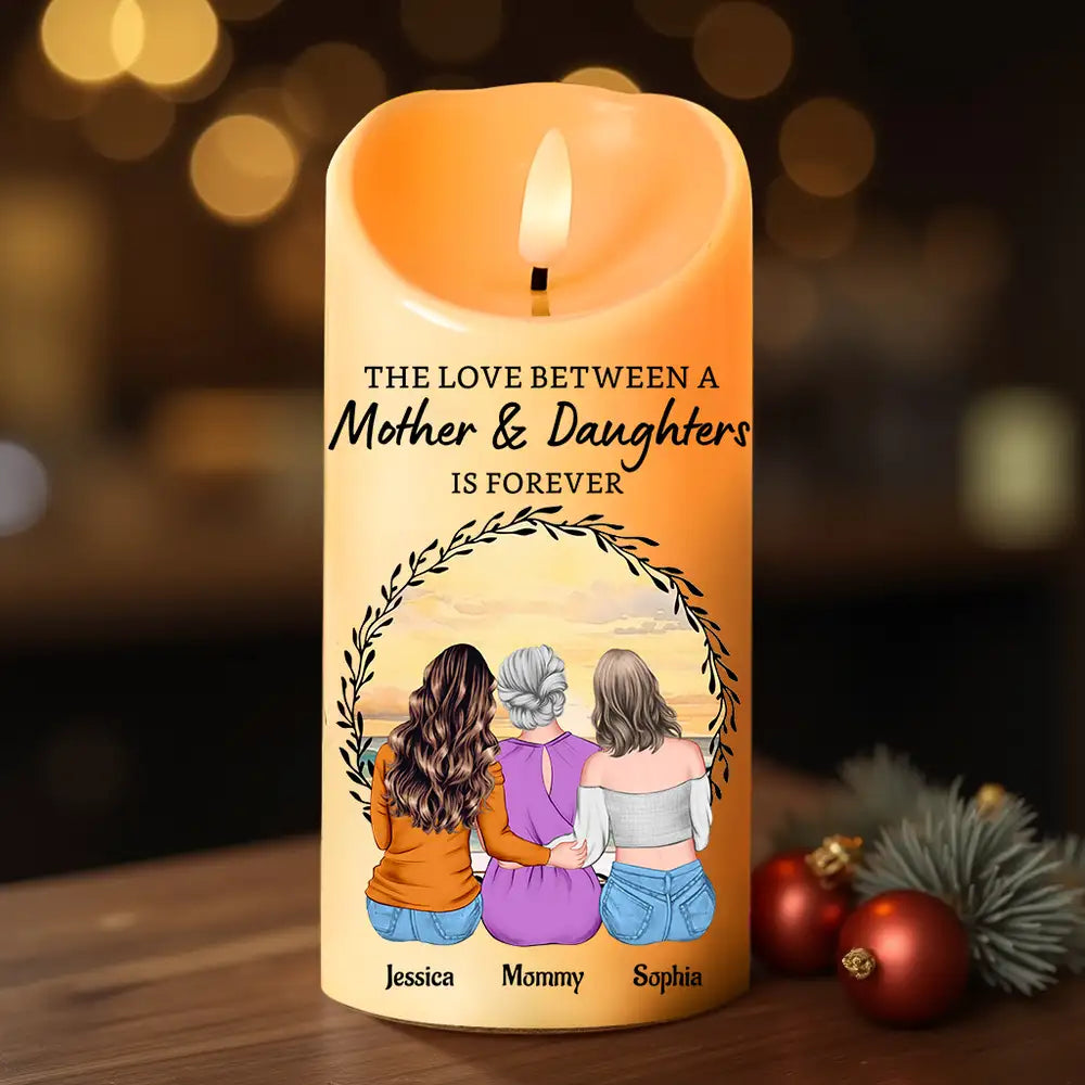 Love Is Forever - Custom Mother‑Daughters Glow Candle, Sunset Back‑View Illustration, Safe Wax‑Like Lamp Gift