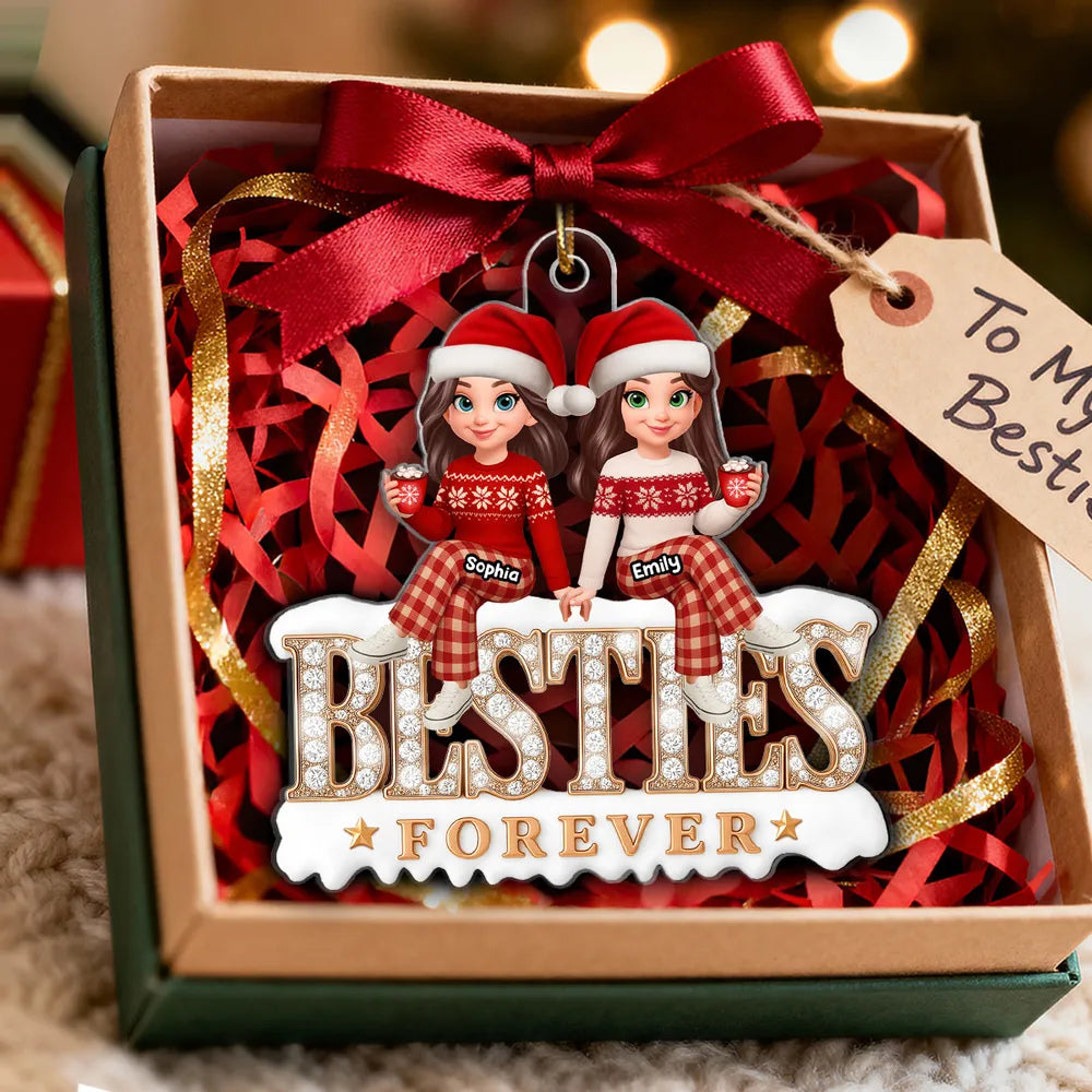 Acrylic Ornament - Besties Forever, cute cartoon friends in Santa hats holding hands, cozy tree decor, unique gift for best friend