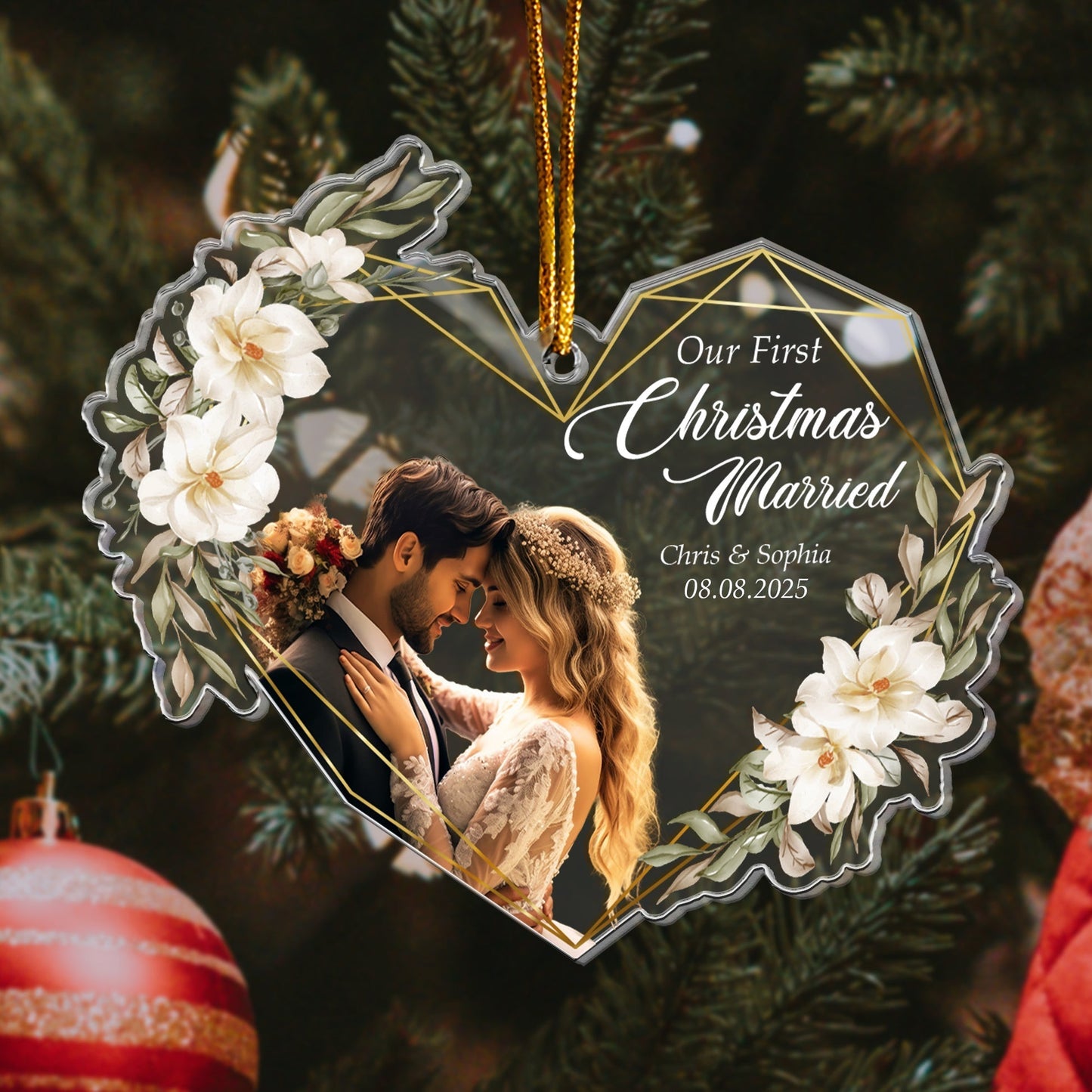 Heart-Shaped Acrylic Ornament with Wedding Design, Celebrating Romantic Moments, Perfect Gift for Newlyweds