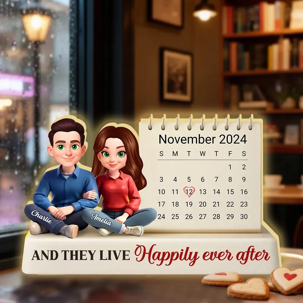 Personalized Acrylic Light Box Calendar With Cute Couple Illustration For Bedroom Decor, Warm Glow Unique Gift For Couples