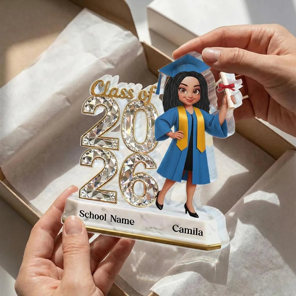 Shaped Acrylic Block Plaque Graduation Decor, Cute Cartoon Grad Holding Diploma, Personalized Keepsake Gift for Her