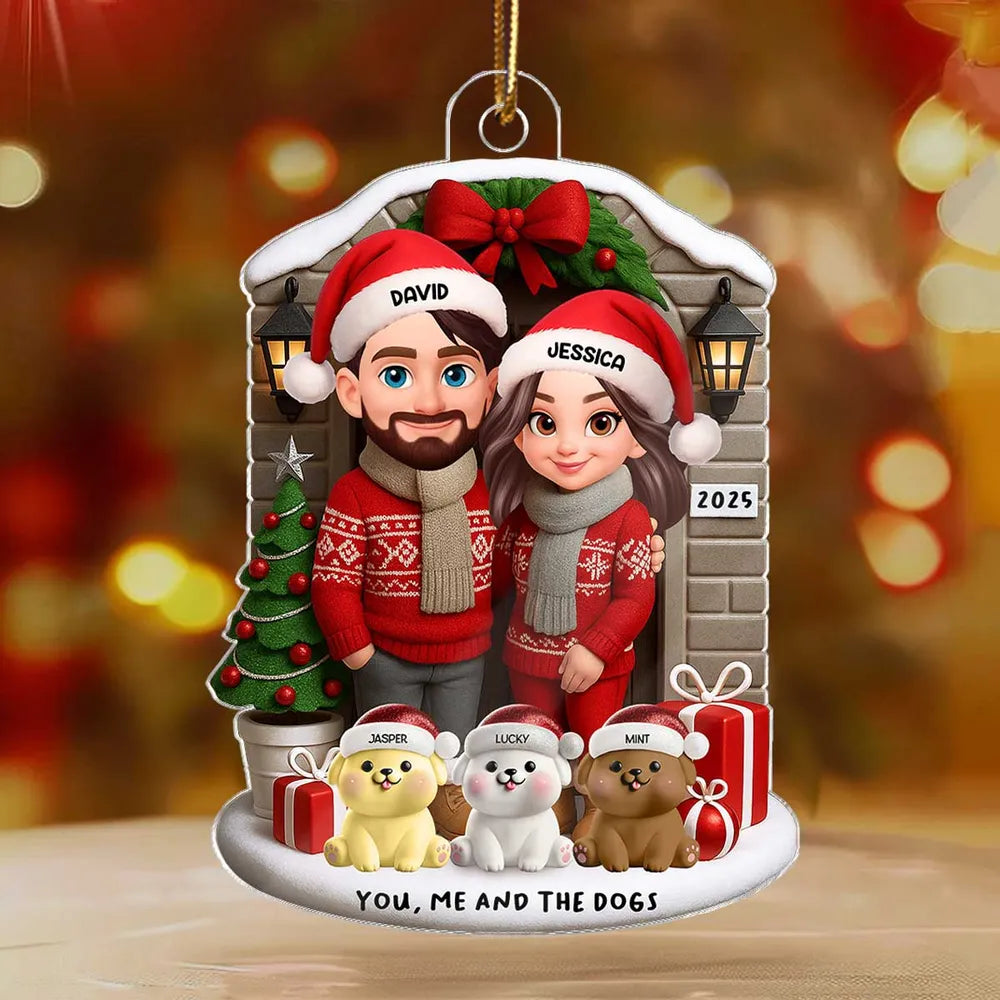 Acrylic Ornament featuring “You, Me and the Dogs” theme, festive sweaters, gifts and tree—perfect holiday gift for Couples and Dog Lovers