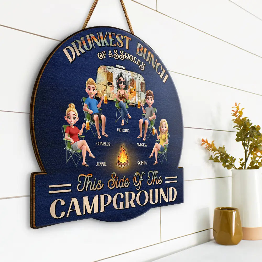 Wooden Sign – “We’re Not Alcoholics, We’re Drunks, We Go Camping” Fire-Pit Cartoon, Custom Gift for Siblings