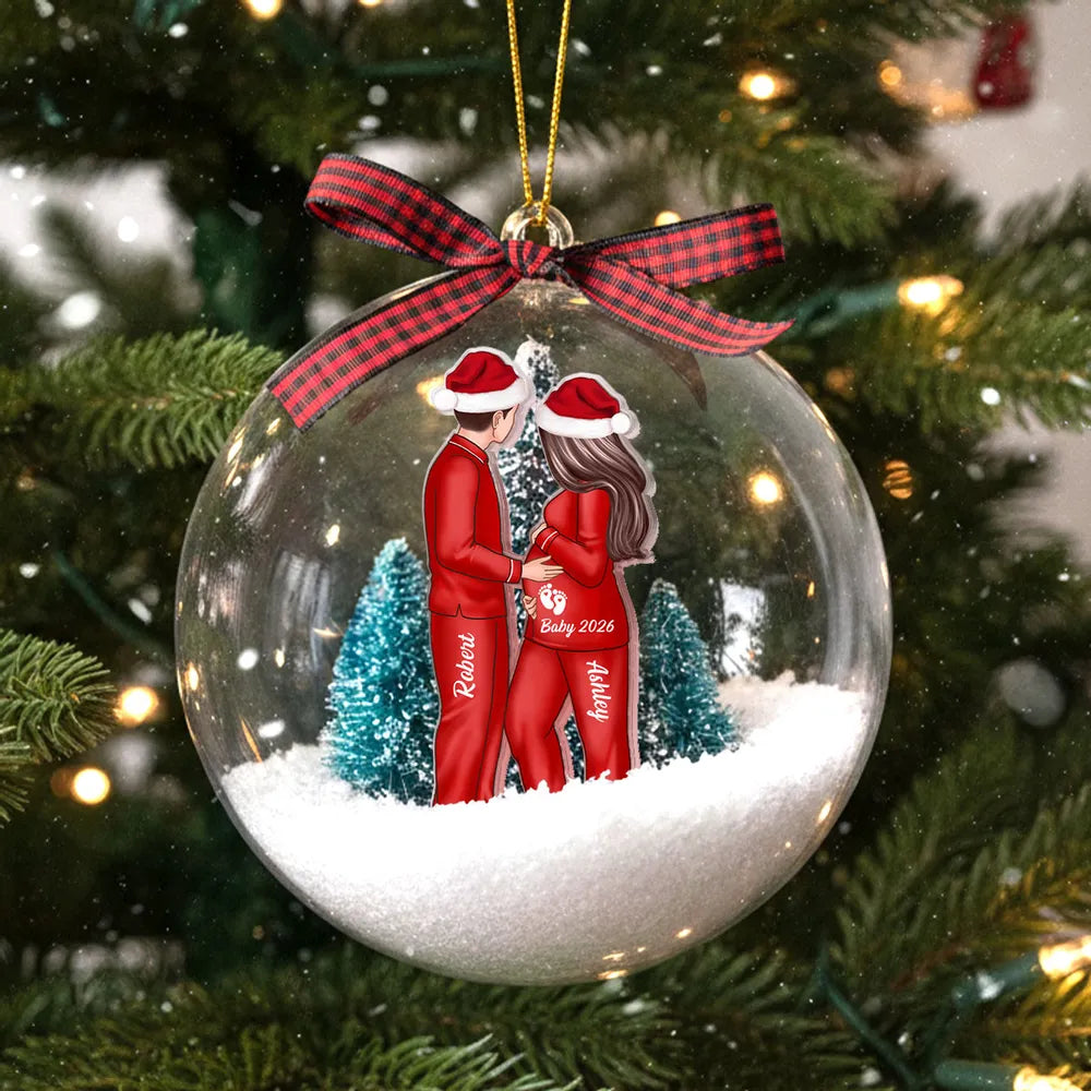Acrylic Snow Globe Ornament Featuring Couple Expecting Baby, Christmas Tree Decor and Perfect Gift for New Parents