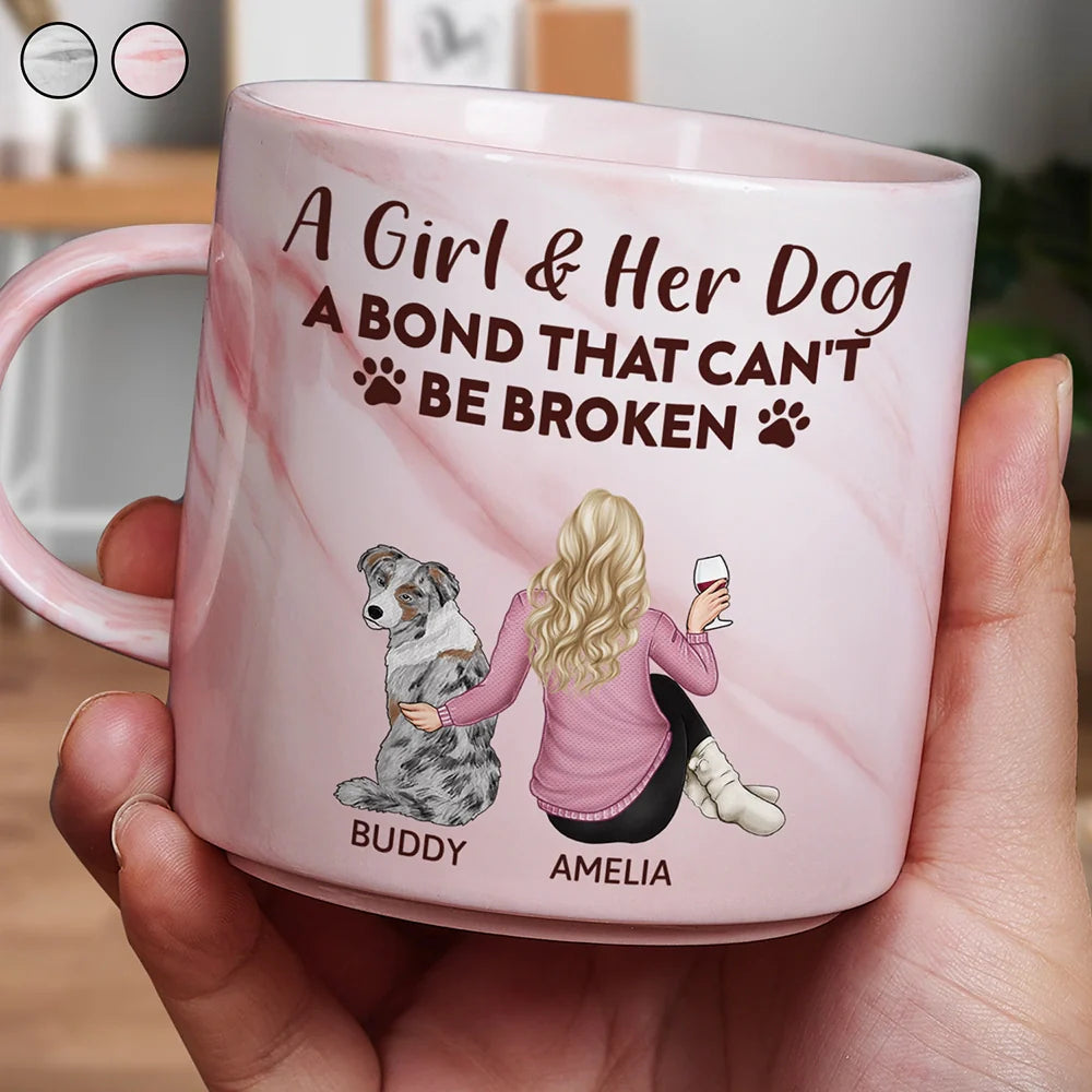 Personalized Marble Cup, Girl Sitting with Dog & Wine, Unbreakable Bond Quote – Pet Mom Gift