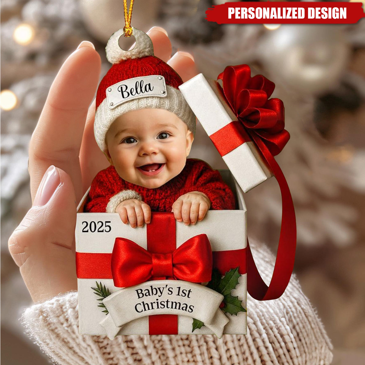 Baby's First Christmas Acrylic Ornament with Custom Photo – Adorable Gift Box Design for New Parents, Unique Personalized Holiday Gift
