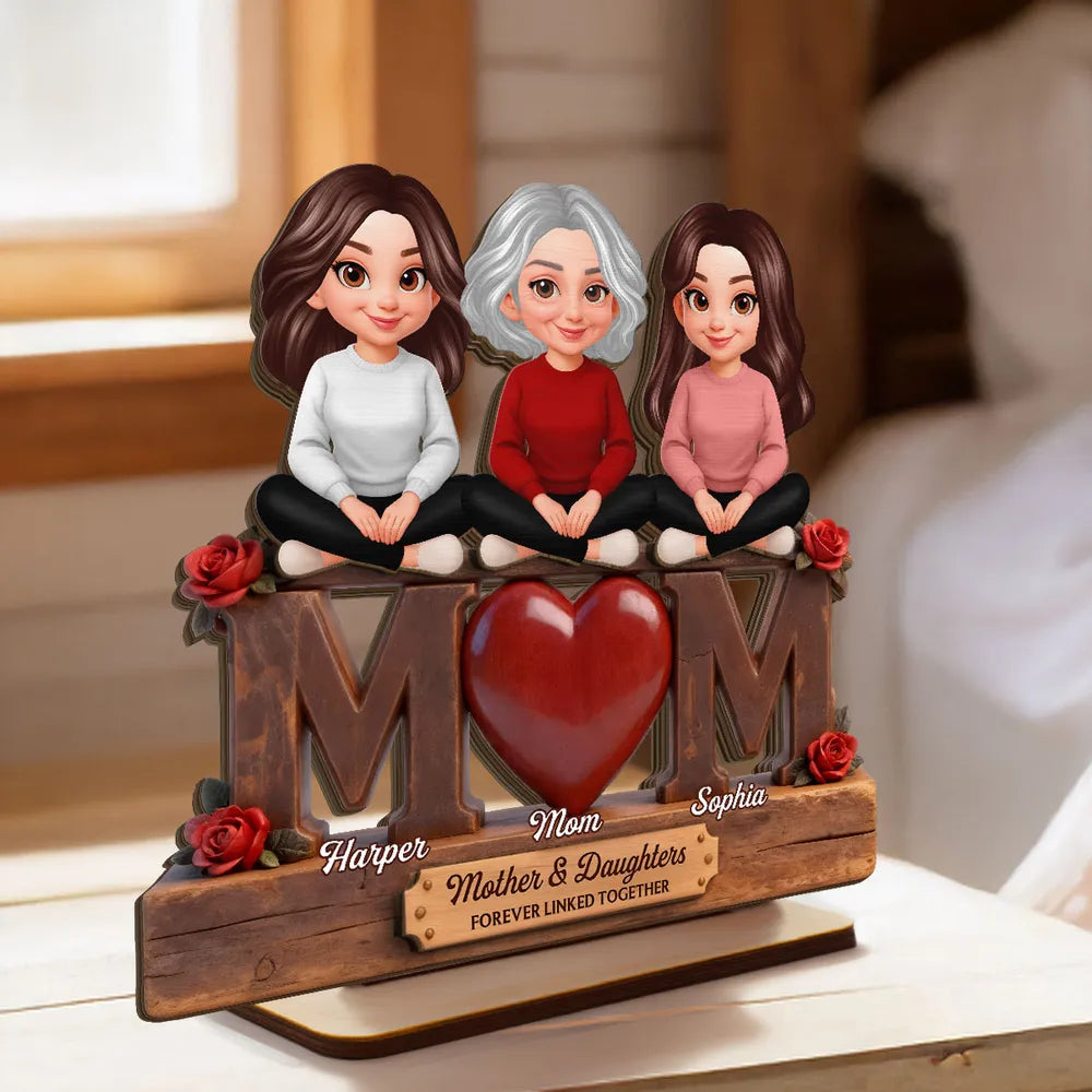 Personalized 2-Layer Wooden Plaque Mom and Daughters Cartoon Sitting on MOM Heart - Unique Mother's Day Gift