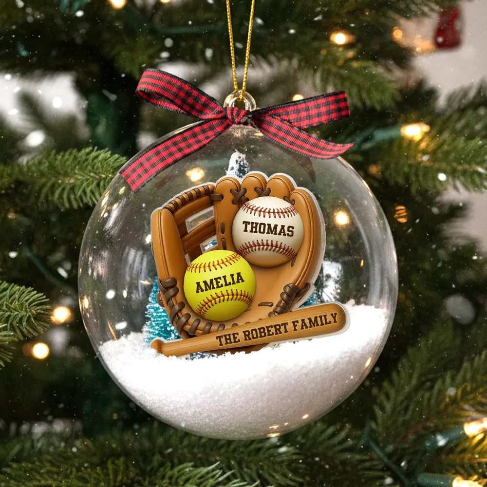 Snow Globe Ornament with Baseball Glove & Softball, Custom Family Keepsake for the Tree, Unique Holiday Gift for Sports Fans