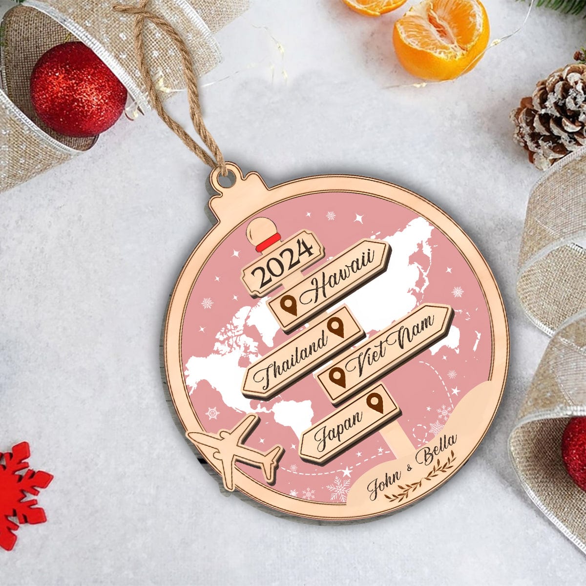 Wooden Travel-Themed Ornament – “Romantic Travel Memories” Personalized Decoration for Valentine’s and Christmas Couples’ Gift