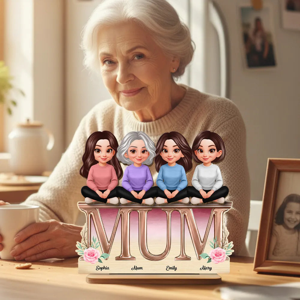 Personalized 2-Layer Wooden Plaque with Mum Letter Design, Custom Family Cartoon Display, Unique Gift for Mom