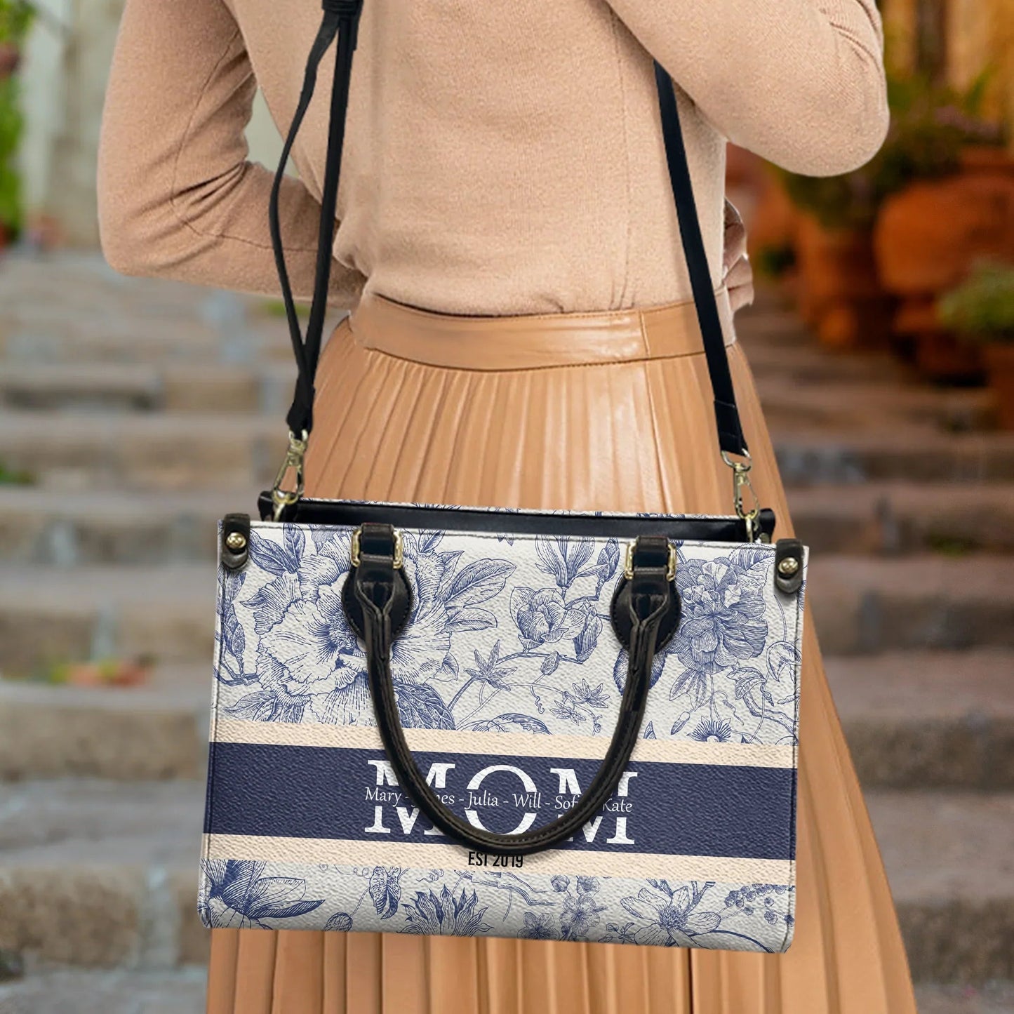 Personalized Tote Bag with Floral Blue Toile Monogram Style for Mom or Grandma - Unique Custom Gift