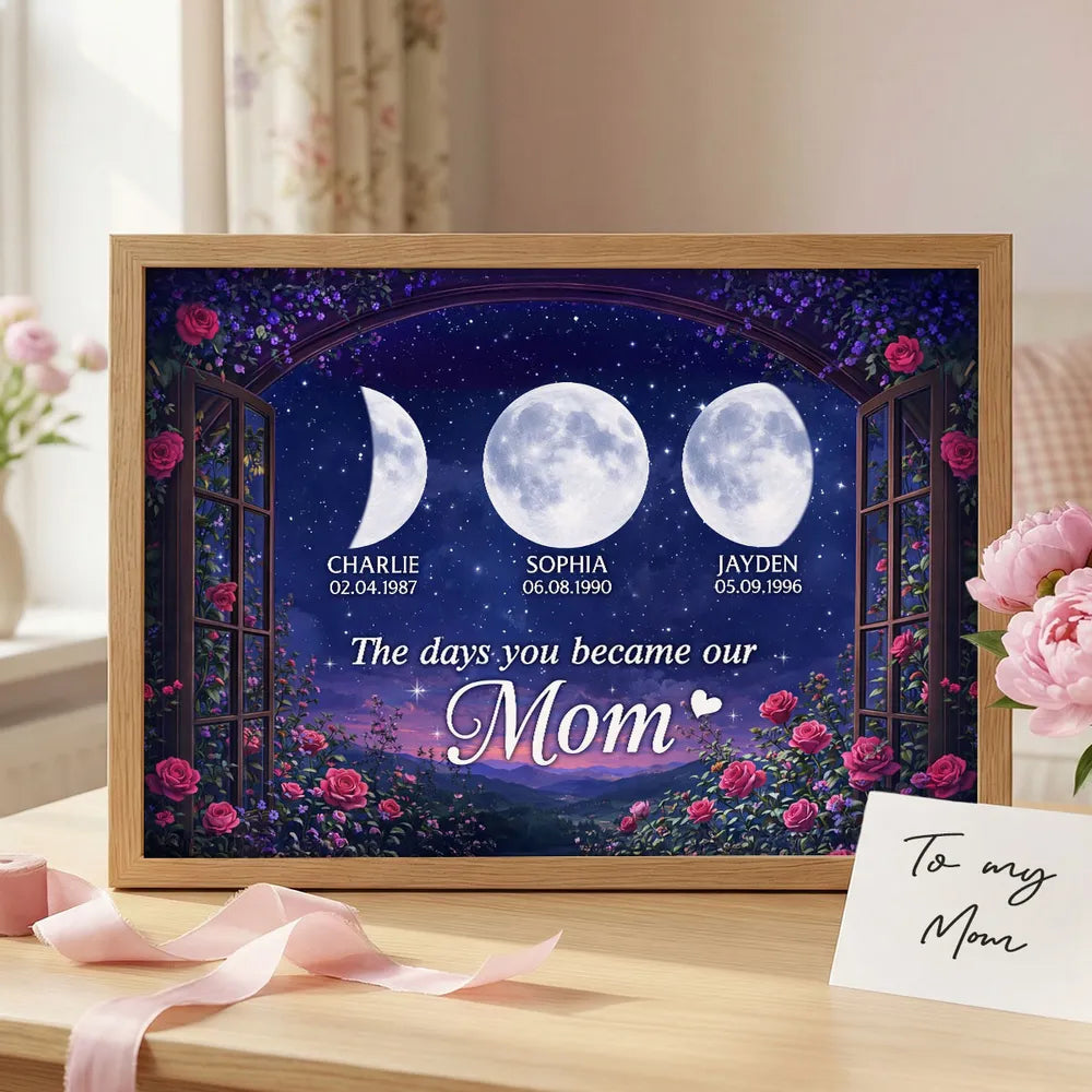 The Days You Became Our Mom Personalized Poster, Moon Phase Night Sky Roses Window Scene, Creative Gift for Mom