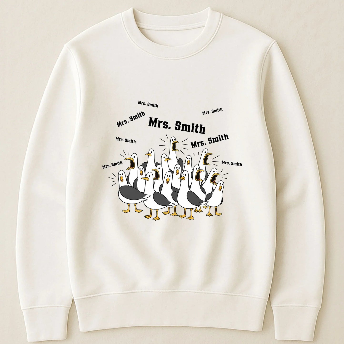 Personalized Funny Seagulls Classic Tee with Custom Teacher Name, Cute Cartoon Gift for Teachers