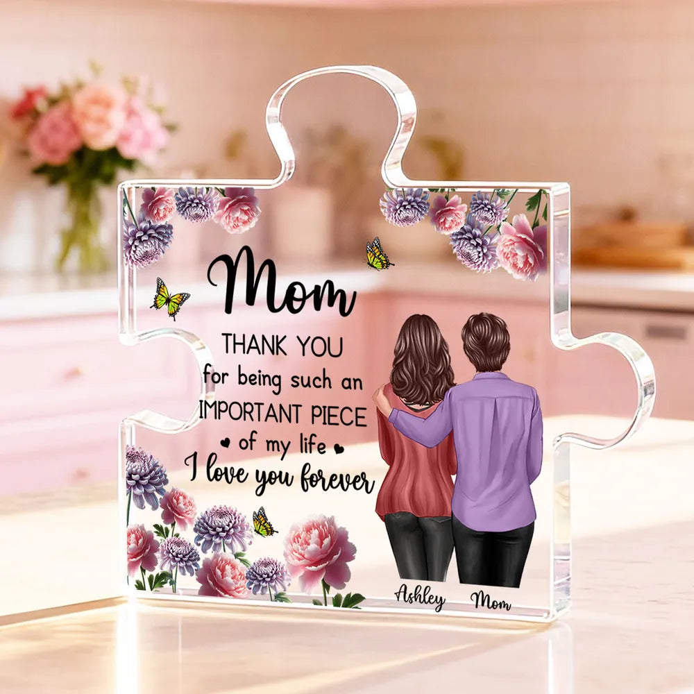 Personalized Shaped Acrylic Block Plaque for Mom, Puzzle Piece Love Quote, Floral Butterfly Design, Unique Gift