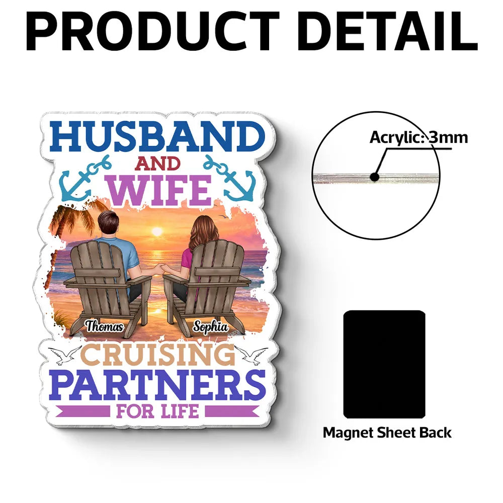Personalized Acrylic Magnet Cruise Couple Sunset Beach Chairs 'Cruising Partners for Life' Unique Gift for Husband & Wife