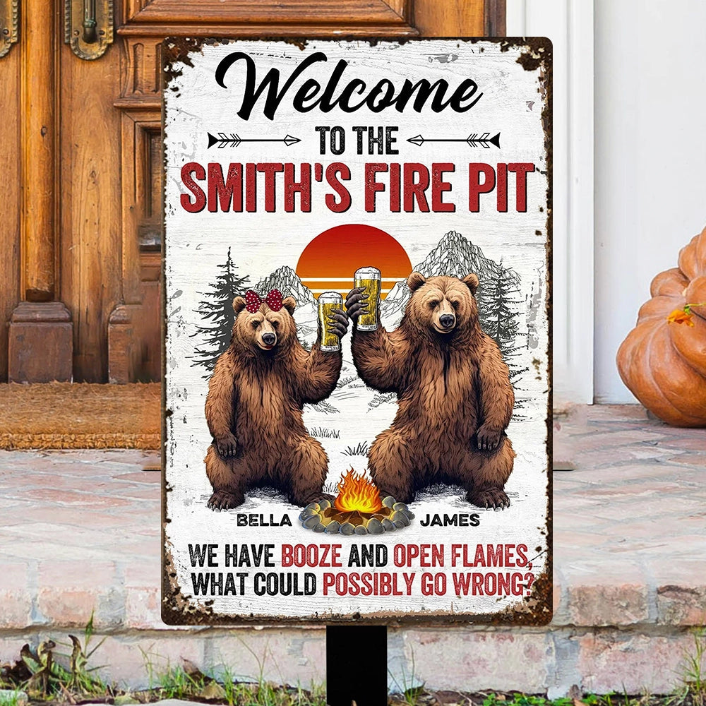 Personalized Rectangular Iron Sign for the Fire Pit - Funny Welcome Bear Toast Outdoor Decor, Unique Gift